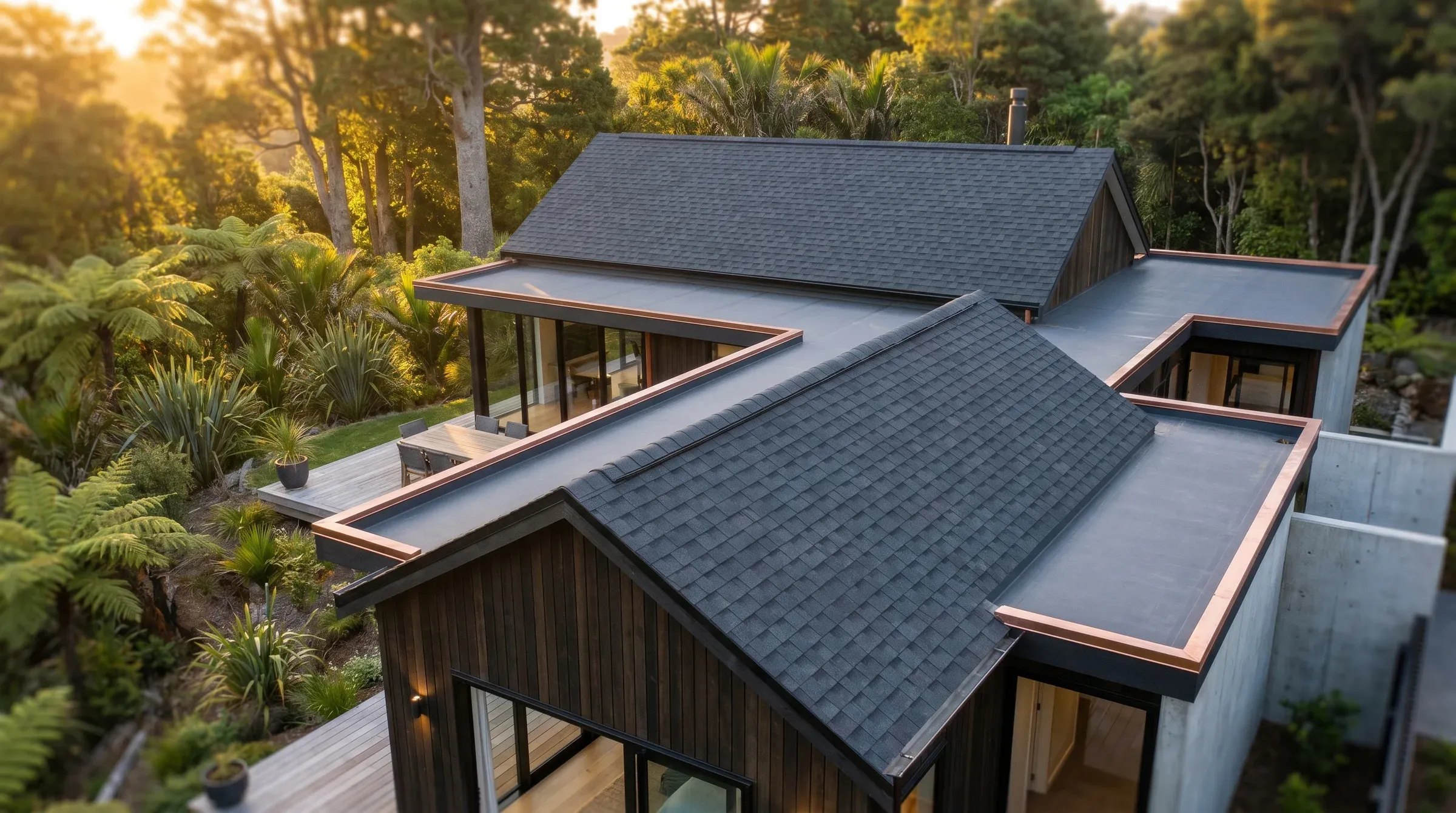 Multi-level architect-designed Christchurch home with mixed rooflines at golden hour.