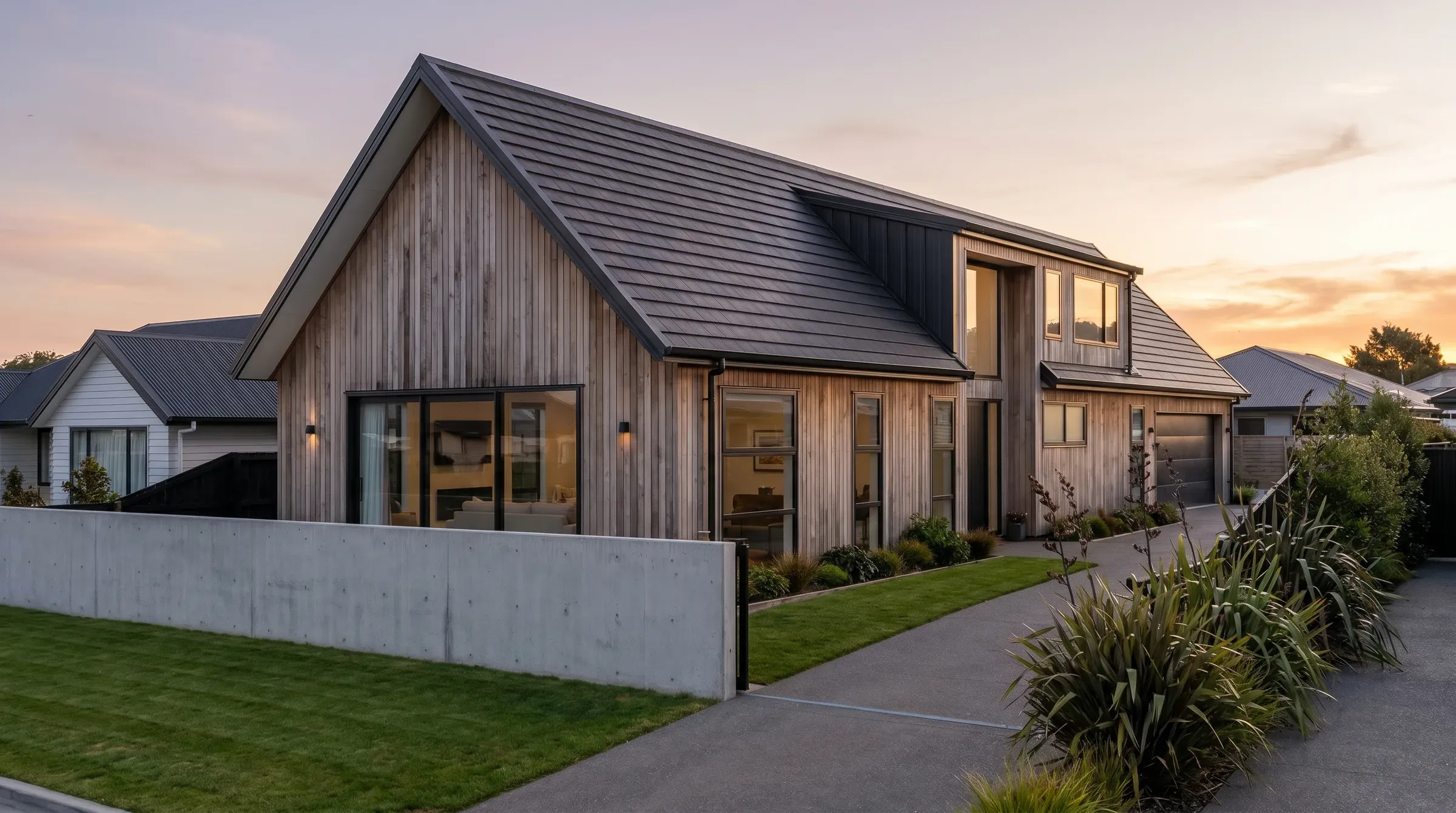 Modern NZ residential home with a dark pitched roof and fresh flashing in soft afternoon light.