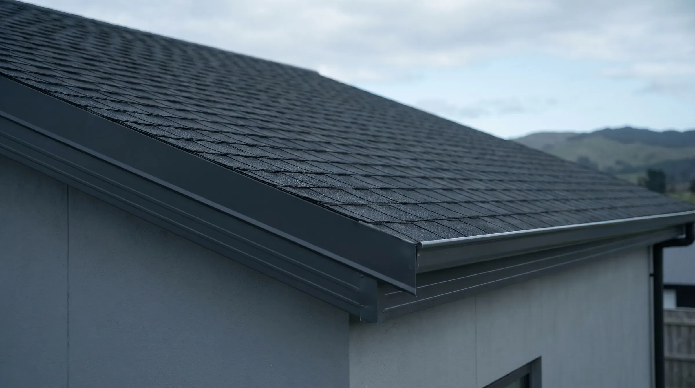Close-up of a dark charcoal asphalt shingle roofline with precise metal flashing.