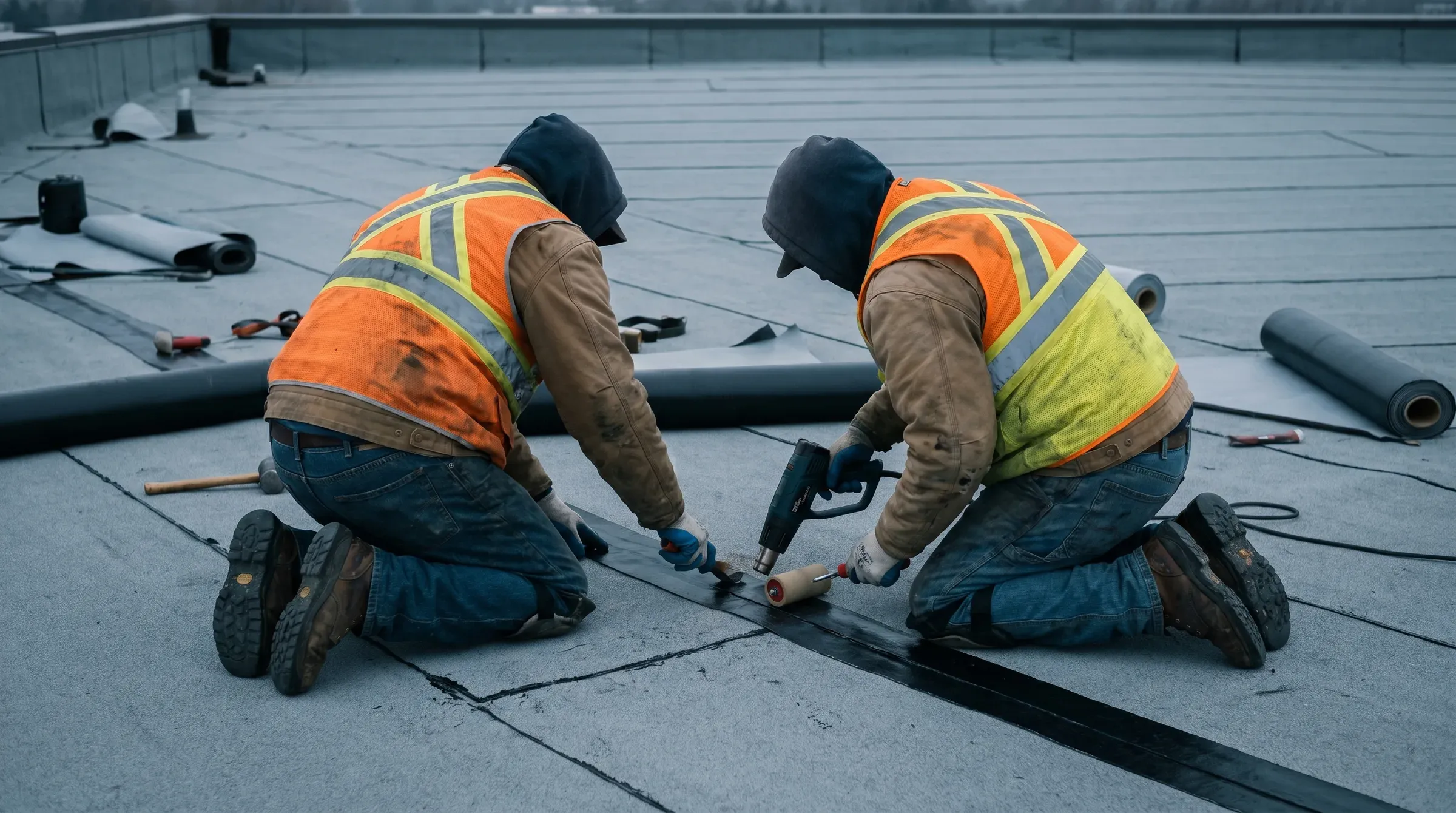 Two roofers working a seam on a flat membrane roof with heat-welding tools.
