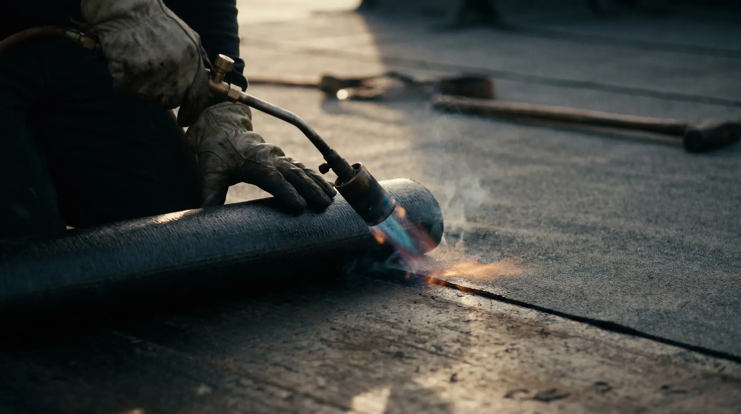 Close-up of a roofer applying torch-on bitumen membrane, propane flame visible.