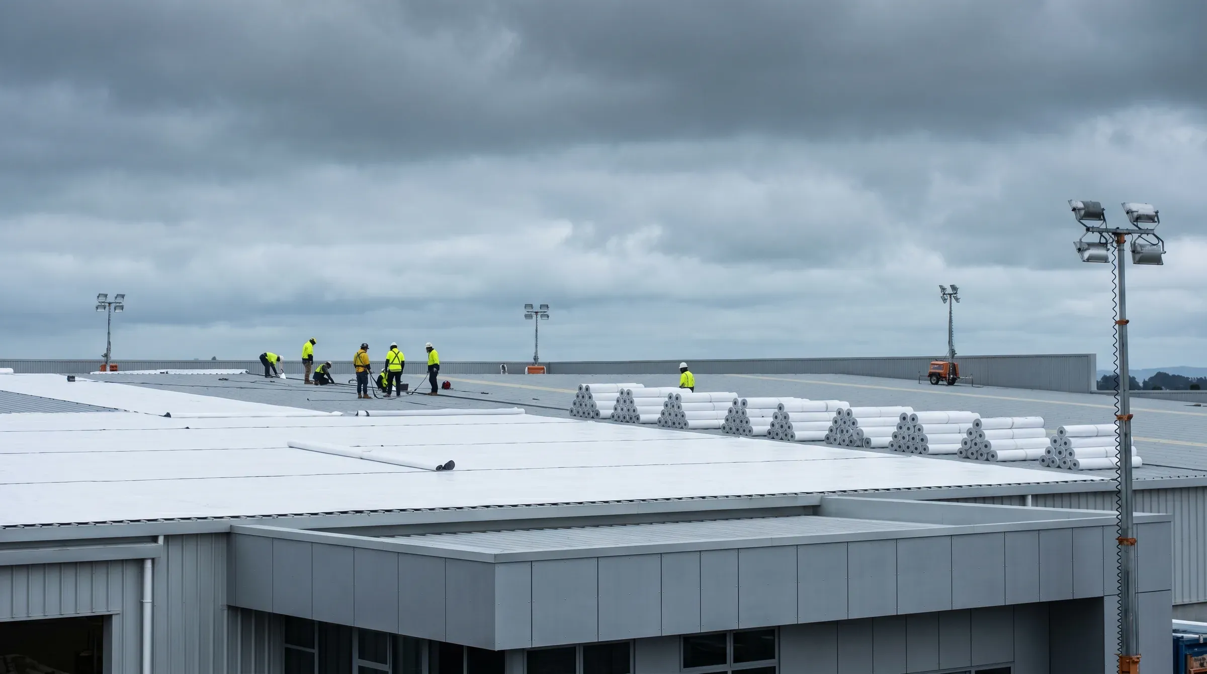 Commercial flat roof under installation with white TPO membrane and a hi-vis crew.